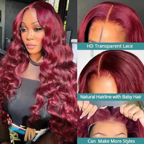 Allove 99j Burgundy Lace Front Wigs Human Hair Pre Plucked 180% Density 24inch Body Wave Lace Front Wigs Human Hair with Baby Hair 13x4 Glueless HD Transparent Frontal Human Hair Wigs For Women