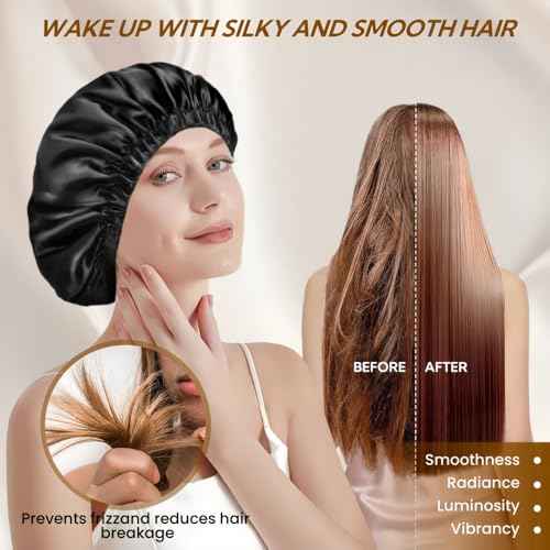 Satin Bonnet Silk Bonnet for Sleeping Women and Men, Ajustable Hair Bonnet for Curly Hair with Double Layer Hair Bonnet,Black - Black,Medium