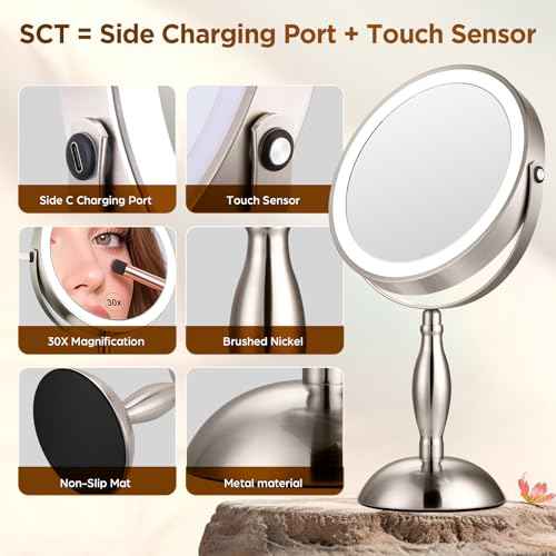 Makeup Mirror with Lighted, 30x Magnifying Mirror with 3 Lights Colors, Vanity Mirror Brushed Nickel - 360¡Æ Rotation, Brightness Adjustable Magnification, Modern Style Side Touch + Side Charge