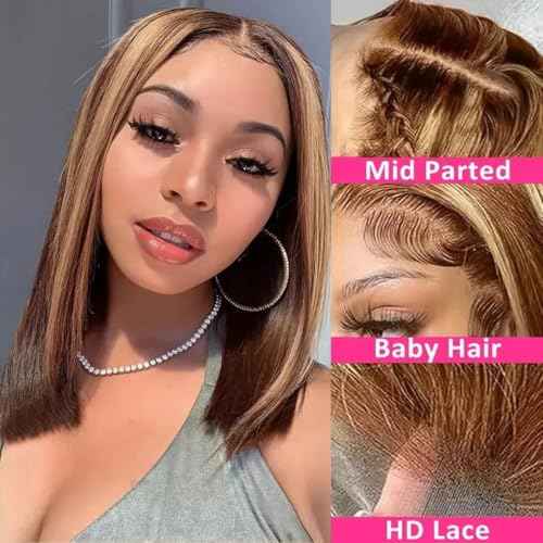 5x5 Bob Lace Closure Wig Human Hair Highlights 4/27 ombre honey blonde Wear and Go Glueless bob Wig 16 Inch 200 Density Pre Plucked With Baby Hair Hd Transparent Lace Ombre Blonde Color Wig