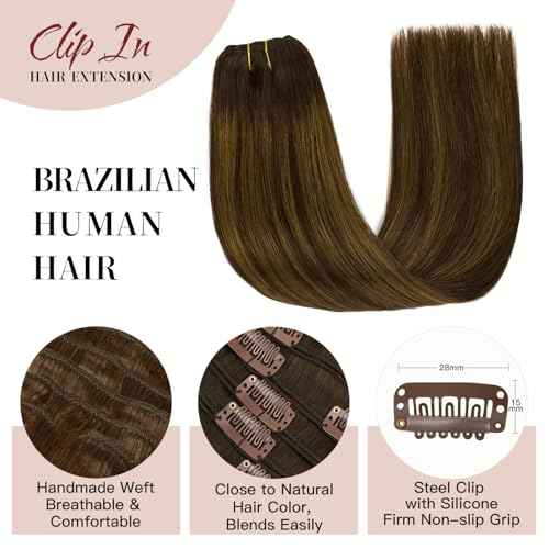 LOVELINE Clip in Hair Extensions Real Human Hair, 100% Remy Human Hair Extensions Clip Ins for Women, 7Pcs 22Inch 120g, Balayage Dark Brown Mixed Chestnut Brown