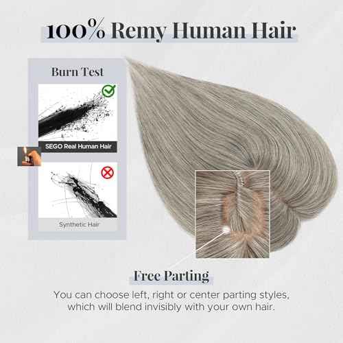 Human Hair Topper for Women, with Silk Base 3.94x4.72, 6 Inches, 4 Clips, for Thinning Hair, without Front Bangs, Salt and Pepper Color, Natural Look