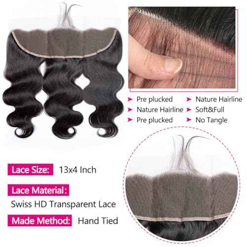 12A Human Hair Bundles with Frontal 18 20 22 with 16 Inch Brazilian Body Wave 3 Bundles Human Hair with 13x4 HD Lace Frontal Closure 100% Unprocessed Virgin Human Hair Weave