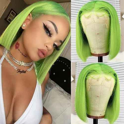 Green 13x4 Bob Straight Lace Front Wigs Human Hair 180 Density UHD Transparent Lace Front Wigs Human Hair Pre Plucked Pre Cut Lace Glueless Wig Virgin Colored HumanHair Wigs For Women 14Inch