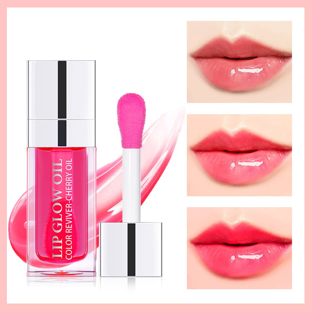 Yasovigi Hydrating Lip Oil Plumping Lip Tint Moisturizing Lip Gloss, Transparent Lip Balm Care Stick Nourishing Repairing Non-sticky, Moisture&Lighten Lip Lines (Raspberry + Cherry)