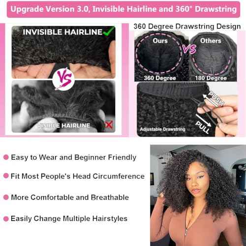 Kinky Curly Half Wig Human Hair Wear Go Glueless Wigs 20 Inch Curly 3 In 1 Half Wigs for Black Women Drawstring Seamless Flip Headband Wig Human Hair Beginner Friendly