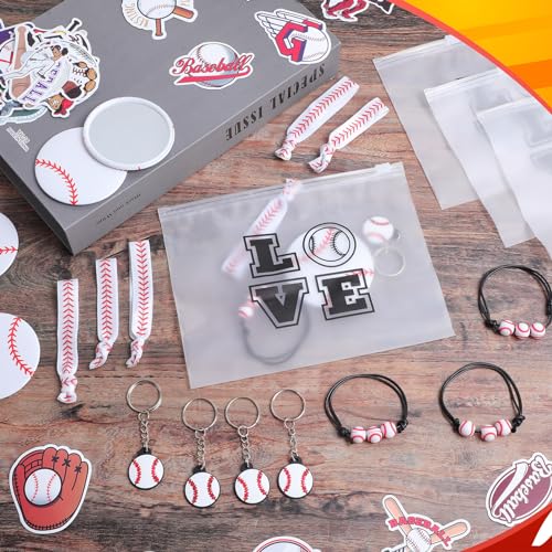 JaGely 110 Pcs Sport Party Favors Bracelet Mirror Plastic Makeup Bags Keychain Hair Ties Stickers for Girl Women(Baseball)