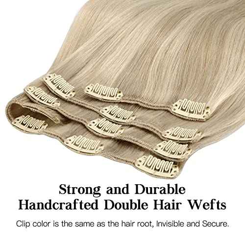 HOTBANANA Human Hair Clip in Hair Extensions, Ash Blonde Highlighted Platinum Blonde Hair Extensions 120g Clip in Hair Extensions Real Human Hair Straight Remy Hair Clip Ins 20 Inch 7pcs