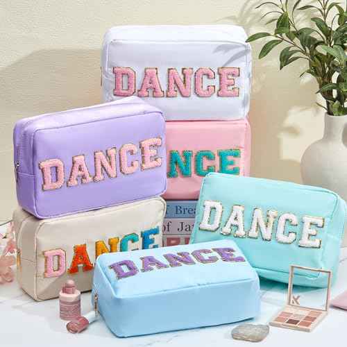 6 Pcs Dance Makeup Bag Cosmetic Bag with Chenille Letter Patches Waterproof Portable Cheerleader Toiletry Zipper Pouch for Girl Women Appreciation (Pastel Colors)