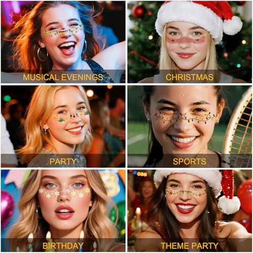 12 Pairs Christmas Face Makeup Patches, Xmas Tree Santa Claus Eyeliner Stickers Decals Snowman Small bell Temporary Tattoo for Women Girls Fake Tattoos, Christmas Stocking Stuffers Party Supplies