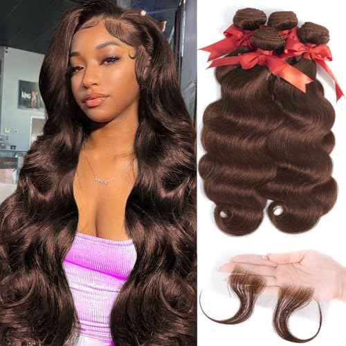 Brown Human Hair Bundles 12A Body Wave Bundles Human Hair 16 18 20 20 Inch 4 Bundles Deal with Baby Hair Unprocessed 100% Indian Sew In Color 4 Bundles Deals with Edges Stripes