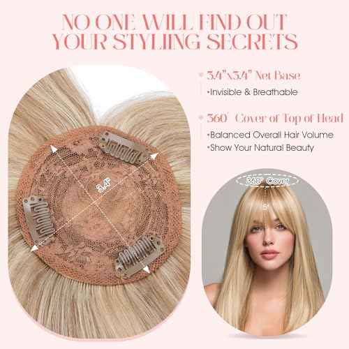 Hairro Mono Hair Toppers with Bangs, 3.4" x 3.4" Mono Base 100% Real Human Hairpieces for Women, 150% Density Clips In Topper for Greyish Thinning Hair, 14 Inch Golden Brown Mix Bleach Blonde