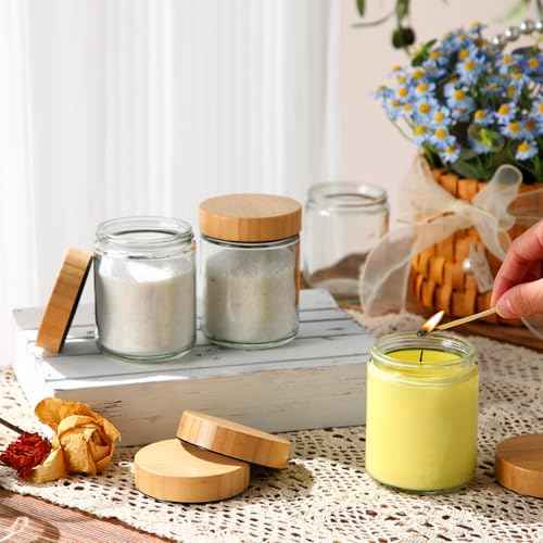 Norme 24 Pcs 8 oz Glass Jars with Lids Empty Small Glass Containers and Inner Liners Reusable Cosmetic Jars Round Airtight Bottles with Plastic Woodgrain Lids for Travel