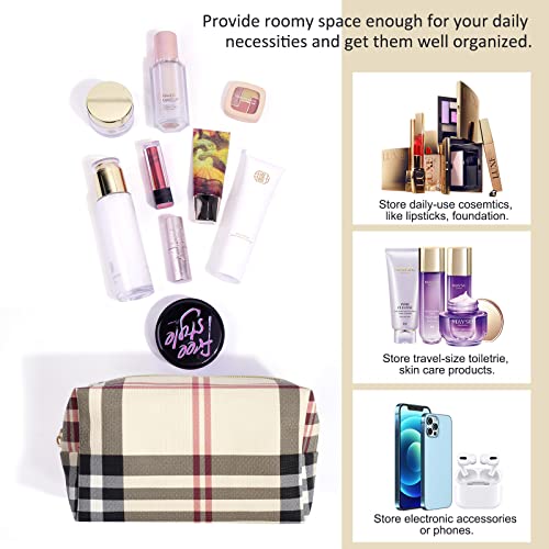 MAANGE Small Makeup Bag for Purse, 2 PCS Cosmetic Bag for Women Travel Makeup Pouch Leather Make up Bag Portable Zipper Pouch Brushes Bag - khaki plaid