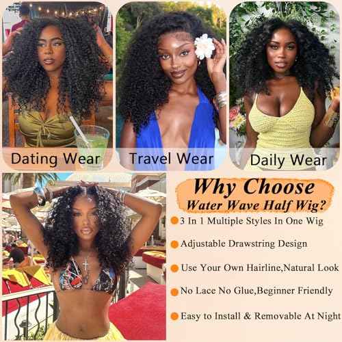Half Wig Human Hair Water Wave Half Wig 3 In 1 Glueless Wigs Seamless Flip Over with Drawstring Curly Half Wig Human Hair for Women Invisible Hairline Wear Go Beginner Friendly Natural Black 22 Inch