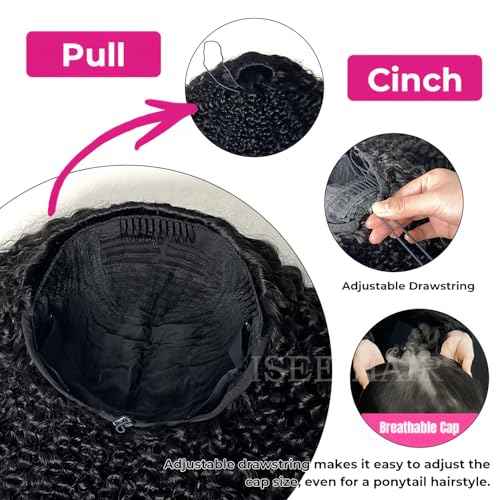 ISEE Half Wig Human Hair Glueless Wigs Upgrade 3 IN 1 Half Wig With Drawstring Seamless Clip Ins Flip Over Kinky Curly Human Hair No Glue No Lace For Women 180% Density 16 Inch