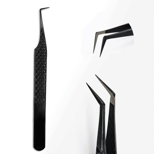 TDANCE Lash Tweezers for Eyelash Extensions, Diamond Grip 90 Degree Fiber Tip Lash Tweezers for Volume Lashes Make Fans, Stainless Steel Lash Extension Tweezers(Black-05)
