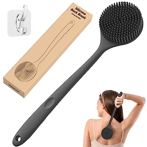 Manmihealth Silicone Back Scrubber for Shower(Thick Bristles), Body Scrubber with 15'' Long Handle, Light & Easy-to-Hold Shower Brush for Skin Exfoliating and Massaging, Not Good in Lathering.(Black)