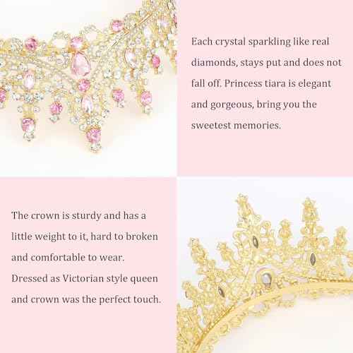 CURASA Gold Princess Crown Pink Tiara for Little Girls Tiaras and Crowns for Women Queen Crowns Birthday Crown Adult Women Fairy Crown Quinceanera Crown Headpiece Wedding Crown for Bride