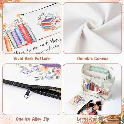 Y1tvei Aesthetic Canvas Tote Bag - 2Pcs Colorful Reading Canvas Cosmetic Bag Set There Is No Such Thing As Too Many Books Tote Bag Makeup Reusable Grocery Bags Black to School Gift for Women Girls