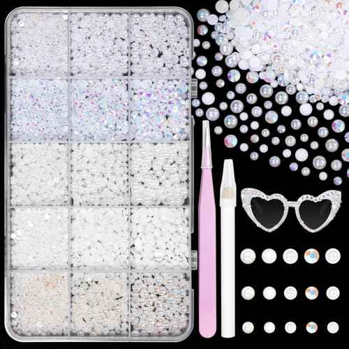 12000 Pcs White Flatback Pearls and Rhinestones for Crafting, 3-5 mm Jelly Resin Rhinestones, Mixed Size Half Pearl Bedazzling Gems for Nail DIY Crafts Mugs Bottles Tumblers Clothes Makeup