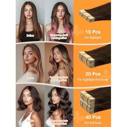 DOORES Tape-in Hair Extensions - Balayage Chocolate Brown to Caramel Blonde, 40pcs, 100g, 20 Inch, Remy Silky Straight Skin Weft Natural