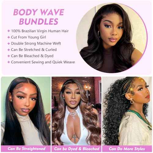 Body Wave Bundles Human Hair 20 22 24 26 Inch Human Hair Bundles 100% Unprocessed Brazilian Virgin Quick Weave 4 Bundle Human Hair Extensions for Black Women Natural Color