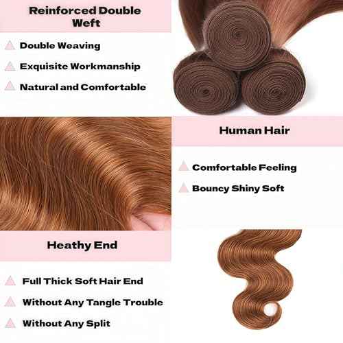 Light Brown Human Hair Bundles Body Wave 16 18 20 Inch Body Wave Human Hair Weave 3 Bundles Silky Hair Bundles Brazilian 3 Bundles Human Hair Extensions 30 Color