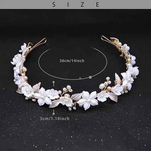 Oriamour Wedding Headbands With Ceramic Flowers Bridal Wedding Headpieces For Women Girls Pearls Headband With Leaves Desgin (Gold)