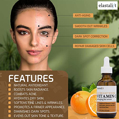 Elastalift Vitamin C Facial Serum For Age Spots, Wrinkles, & Expression Lines. Anti-Aging Face Serum W/Vitamin C & Hyaluronic Acid Brightens Skin To Promote Healthier Skin Complexion, 1.75 Fl Oz