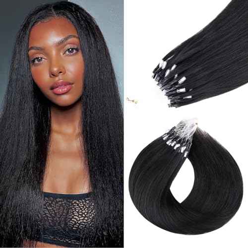 Lashey Micro Link Hair Extensions Human Hair Natural Black 14 Inch Yaki Straight Micro Beads 50g 50s Micro Loop Micro Ring Human Hair Invisible for Women