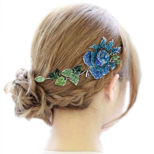 EVER FAITH Silver-Tone Austrian Crystal Enamel Wedding Rose Flower Vine Leaf 5.5 Inch Hair Comb Blue