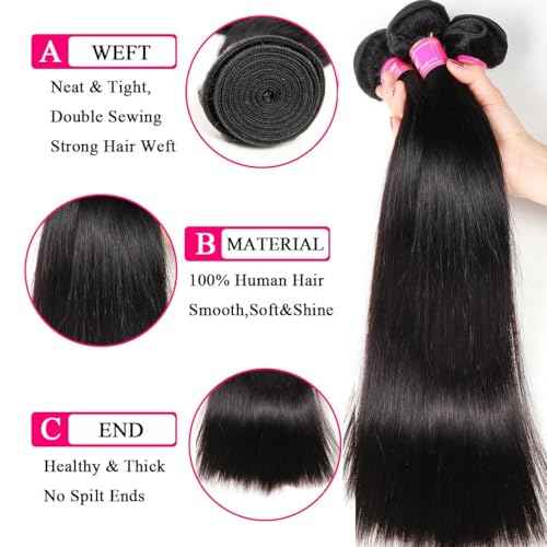 12A Human Hair Bundles Straight 100% Unprocessed Brazilian Virgin Hair Weave 3 Bundles Silky Black Hair for Black Women 20 22 24 Inch