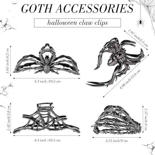 Obeoby 4 Pcs Metal Hair Clips for Women, Large Hair Claw Clips for Thick Long Hair Styling with Spider Webs Skeleton Decor, Goth Accessories Stocking Stuffers Halloween Christmas Gifts (Black)