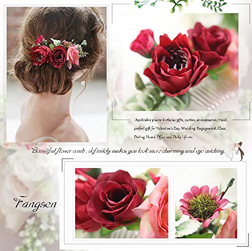 Fangsen Wedding Flower Hair Comb Bridal Flower Hair Clip Floral Hair Accessories for Women and Girls (Red)