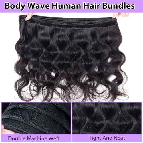 Human Hair Bundles Body Wave 12A Unprocessed Brazilian Virgin Weave 3 Bundles 18 20 22 Inch Real Human Hair Quick Weave Sew in Hair Double Weft Full and Thick Natural Black Wavy Hair for Women