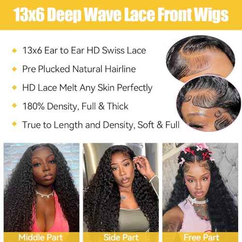 Deep Wave Lace Front Wigs Human Hair for Women 22 Inch Hd Lace Frontal Wig 13x6 Deep Curly Wig Human Hair Lace Front Wigs Pre Plucked 180 Density Natural Color