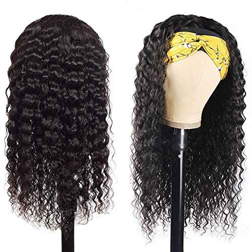 Rebasar Curly Headband Wig Human Hair Wigs for Black Women Human Hair 22 Inch Long No Lace Front Wigs Human Hair Glueless Deep Wave Headband Wigs Natural Black Color Half Wig with Headband