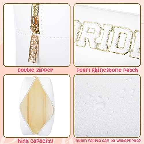 Mixweer 8 Pcs Bridesmaid Cosmetic Bags Bulk Bridesmaid Proposal Gift Embroidered Letter Patch Bride Bachelorette Makeup Bags Travel Pouch Wedding Party Favor for Bridal Shower(White and Pink)