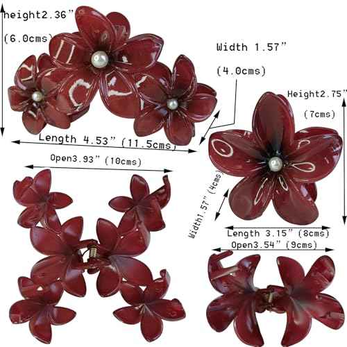 Wine Red Flower claw clips women girls,fancy hawaii flower hair clips,artificial pearls daisy decorative plumeria hair clips for thick or thin hair, Large Medium 2pc beach coquette hair accessories