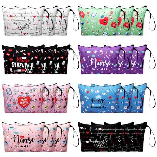 24 Pack Nurse Cosmetic Bags Bulk Nursing Survival Kit Canvas Zipper Pouch Bags Novelty Thank You Gift for Nurse Week Medical Assistant Week Healthcare Workers 2025 Nursing Graduation(Classic)
