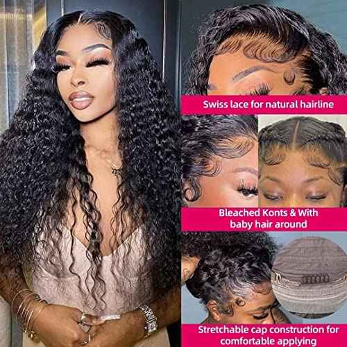 5x5 HD Lace Closure Wigs Human Hair 5x5 Deep Wave Closure Wig for Women 100% Human Hair 180% Density Pre Plucked with Baby Hair 5x5 Curly Closure Wig Nautural Black Super Soft 20 inch