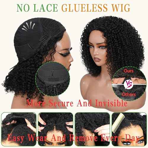 ZIYU Half Wig Human Hair - 200% Density 3 In 1 Seamless Flip Over Curly Half Wig Human Hair 14 inch Glueless Wear Go Beginner Friendly Kinky Curly Wig Drawstring Headband Wig for Women