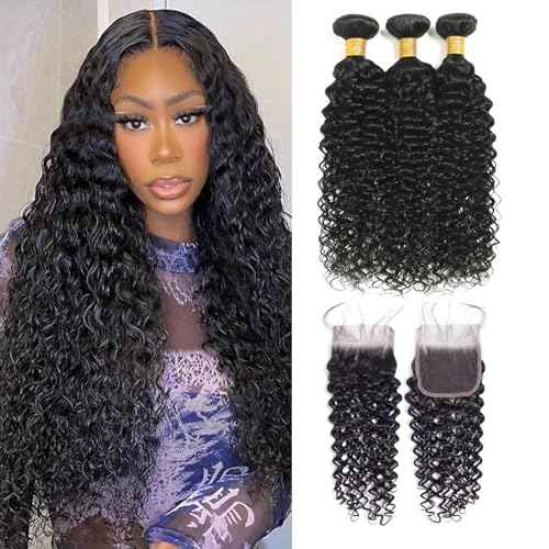 Water Wave Bundles with Closure Human Hair Wet and Wavy 18 20 22 inch 100% Unprocessed Virgin Human Hair Bundles with 16 inch Closure 5x5 Lace Free Part