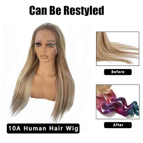 Upgrade - Strawberry Blonde Mixed Platinum Blonde HD Lace Front Human Hair Wigs,13*4 Ombre Highlight Straight Lace Wig 100% Remy Virgin Hair,Pre Plucked with Baby Hair Natural Hairline 150% Density