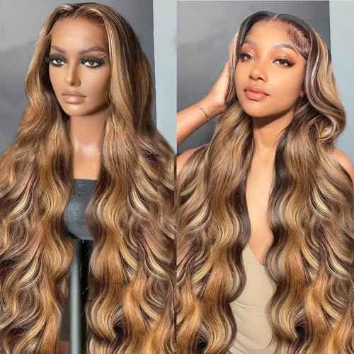 Ombre Lace Front Wig Human Hair Highlight Wig Human Hair 13x4 HD Transparent Body Wave Lace Front Wigs Human Hair 200% Density Honey Blonde Wigs for Women (26 inch)