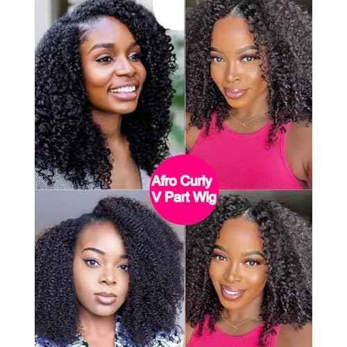 V SHOW Curly V Part Wig Human Hair Upgrade U Part Wig Human Hair Wigs for Women Glueless V Shape Wig Afro Curly Wigs No Leave Out 180% Density Natural Color 18Inch