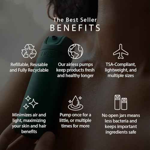 Refillable Toiletry Travel Bottles ? Set of 5 (3.4oz & 1.7oz) Airless Pump Containers for Shampoo, Conditioner, Body, Face ? Leak-Proof, TSA-Approved, Dishwasher Safe- Escapade Green with Gift Box