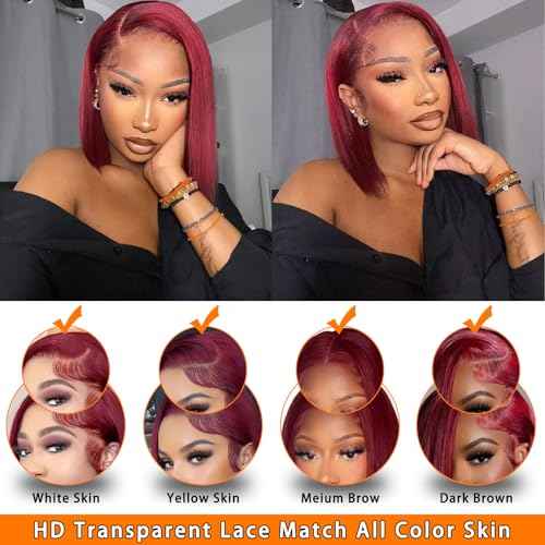 99j Burgundy Bob Wig Human Hair 13x4 Lace Front Wigs 12 Inch Short Straight Wine Red Bob Wig Pre Plucked 180% Density Natural Hairline Wigs for Black Women