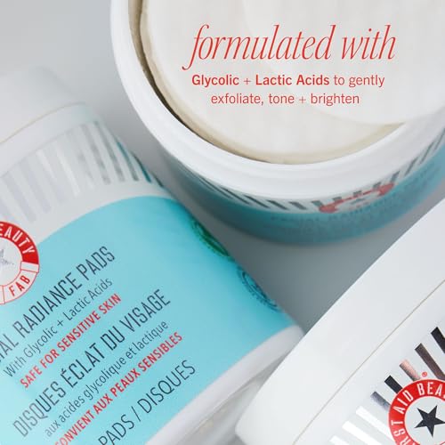 First Aid Beauty - Facial Radiance Pads with Glycolic & Lactic Acids, Daily Exfoliating Pads with AHA, Visibly Smaller Pores, Help Tone & Brighten Skin, One-Step Makeup Prep, Compostable, 28, 3ct